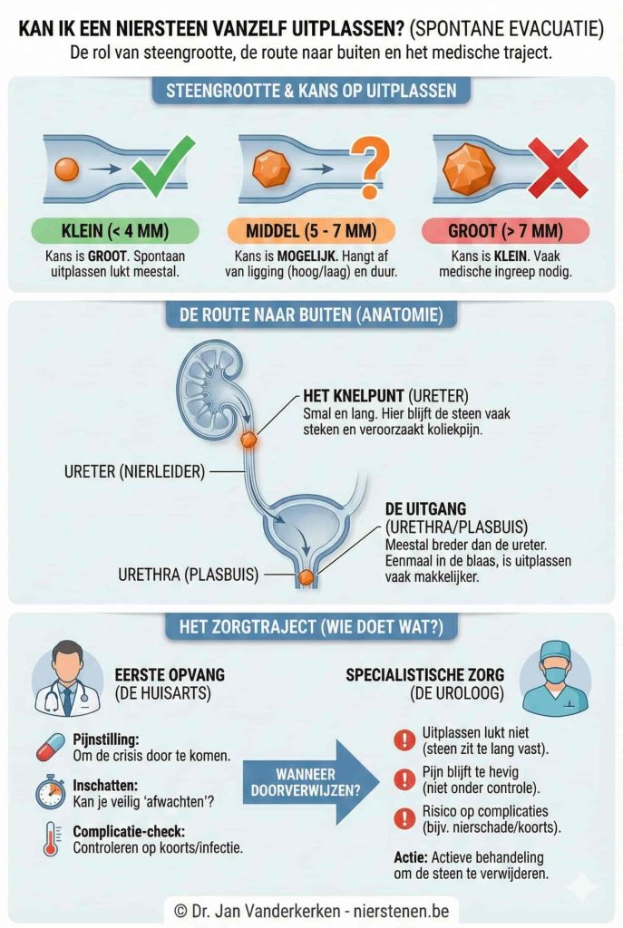 Medische infographic over het spontaan uitplassen van nierstenen door Dr. Jan Vanderkerken. De afbeelding toont de kans op succes op basis van steengrootte (hoog bij <4mm, klein bij >7mm), de anatomische route van de nier naar de plasbuis, en het zorgtraject waarbij de huisarts de eerste opvang doet en de uroloog ingrijpt bij complicaties of te grote stenen.