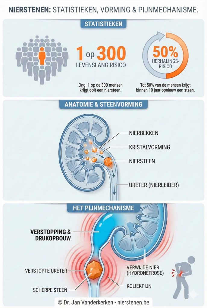 Medische infographic over nierstenen door Dr. Jan Vanderkerken. De afbeelding toont statistieken (1 op 300 risico), het proces van kristalvorming in de nier, en het pijnmechanisme waarbij een scherpe steen de urineleider blokkeert, wat leidt tot hydronefrose (verwijde nier) en koliekpijn.