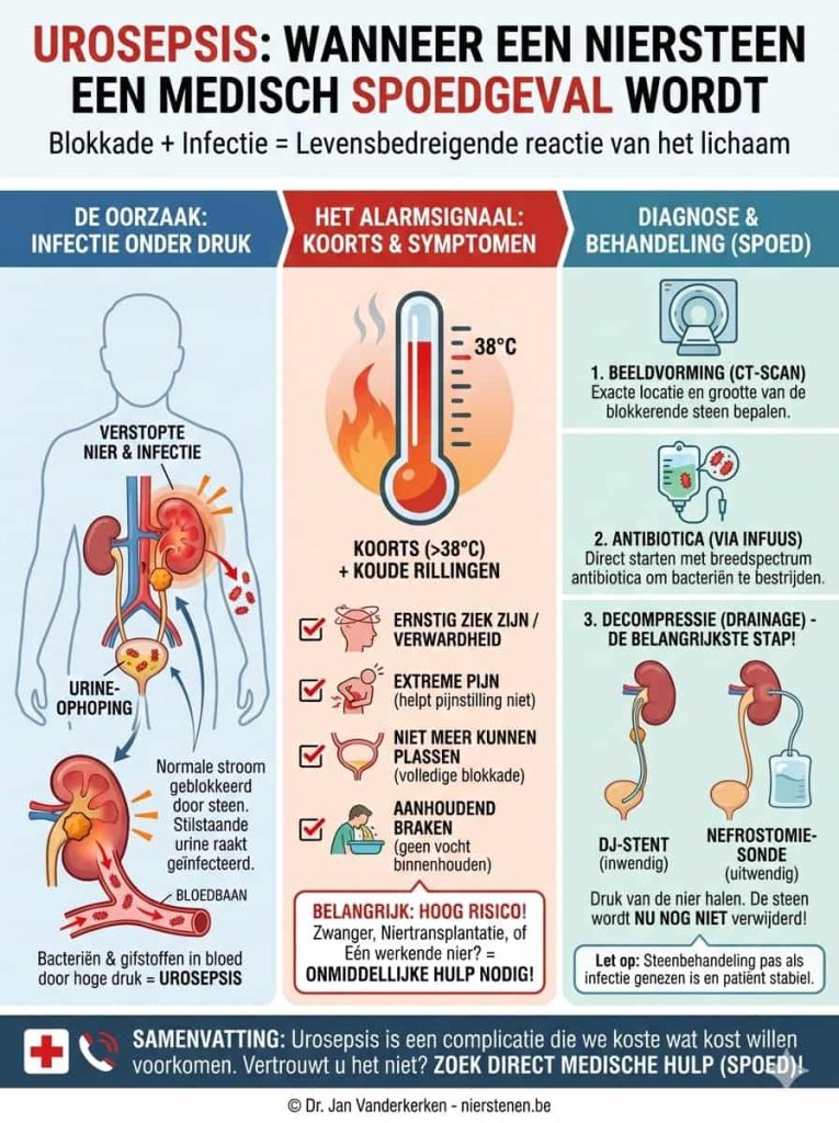 Medische infographic die het verschil uitlegt tussen een gewone nierkoliek en urosepsis. Links: symptomen van een normale aanval (pijn, bewegingsdrang, geen koorts). Rechts: alarmsignalen van urosepsis (koorts boven 38 graden, rillingen, verwardheid). Onder: de noodzaak van spoedhulp. © Dr. Jan Vanderkerken - nierstenen.be