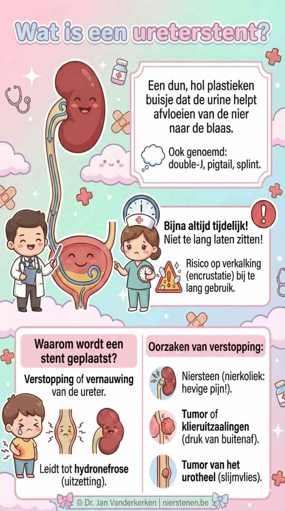 erticale Kawaii-infographic over de ureterstent. Het toont een stent die correct in de ureter loopt tussen nier en blaas, een dokter en verpleegster, en een patiënt met flankpijn. Bevat uitleg over verkalking en oorzaken van verstopping zoals nierstenen en tumoren.
